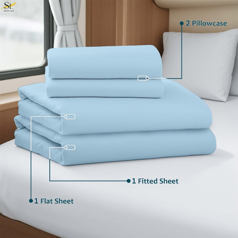 Shreem Linen Luxury 4 Piece Microfiber RV Sheet Set, Deep Pocket Fits Up to 10 inch, Soft, Wrinkle-Resistant, Camper, Travel Trailer Bedding, Bunk 42x80, Light Blue - Image 4
